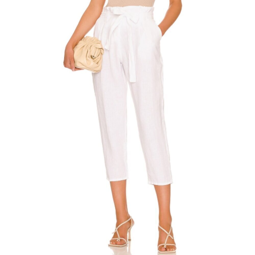 L'AGENCE 'Heather' Paperbag-Waist Cropped Linen Pants, Blanc White